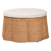 bali & pari Palm Scallop Natural Rattan Ottoman with Cushion - Handwoven Wicker Accent Stool or Footrest for Living Room, Bedroom, or Sunroom, Coastal Boho Style, 32" Round Baxton Studio restaurant furniture, hotel furniture, commercial furniture, wholesale living room furniture, wholesale ottoman, classic ottoman